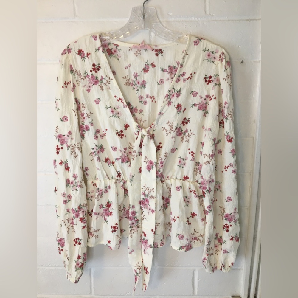 Floral Tie-Front Blouse - Cream and Pink - Picture 12 of 16